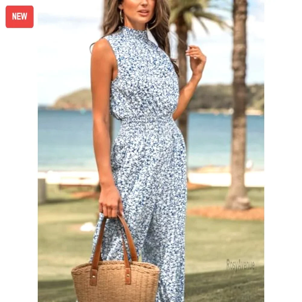 Floral Maxi Jumpsuit with Pocket Mock Neck Elastic Waist Wide Leg - Picture 4 of 7